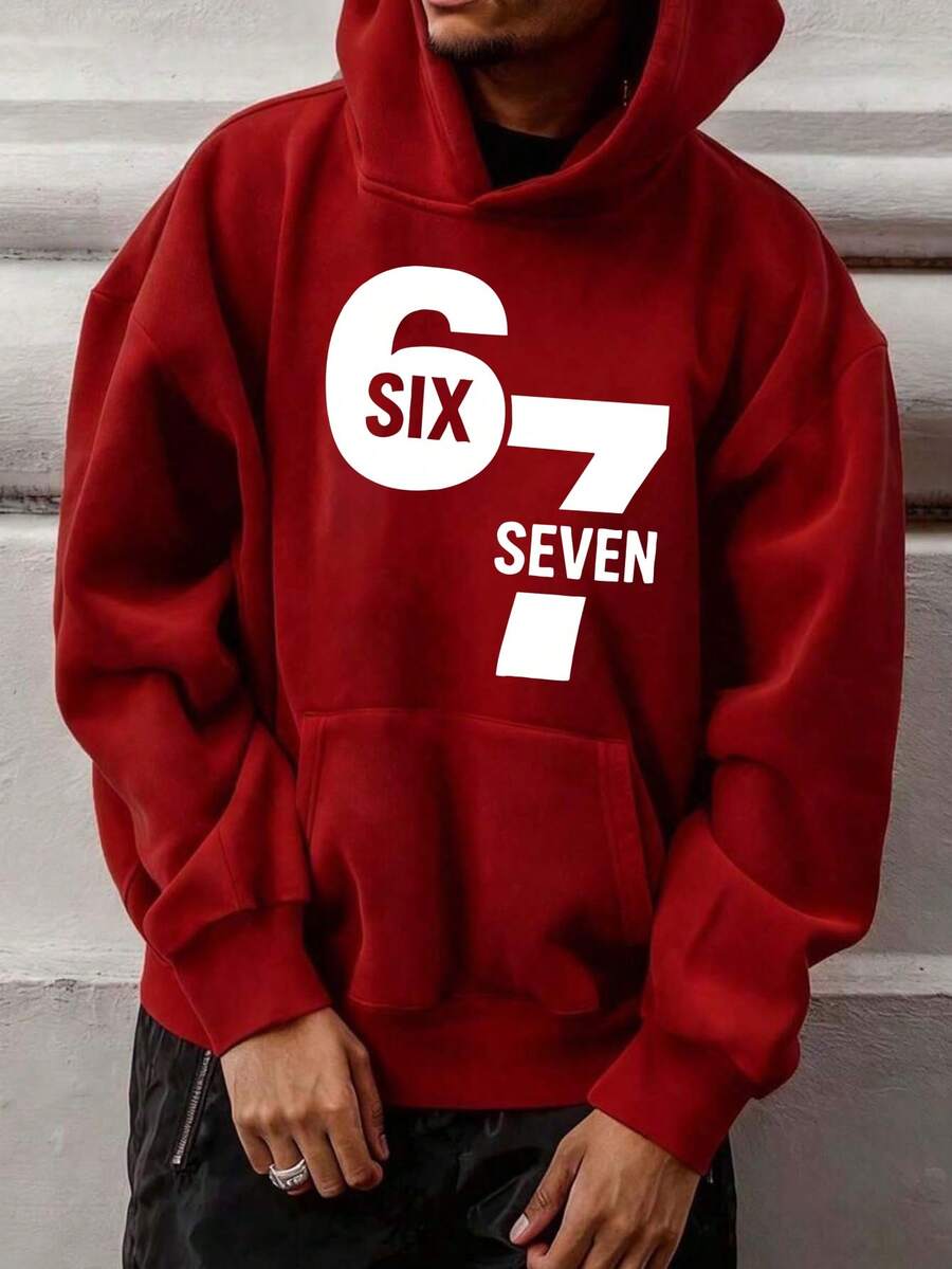 Unique Tailor - Fun Six Seven 6 7 Meme Men's Hoodie -67 Digital Printed Hoodie With Pattern, Comfortable Casual Hoodie, Four Seasons Regular Edition Hoodie, Front Pocket, Humorous Gift For Festivals And Casual Clothing - 紅色 - 查看 1