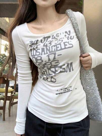 复古美式印花长袖 T 恤，修身版型女式分层上衣