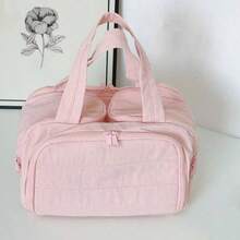 New Fashionable Women's Lightweight Travel Cosmetic Bag 4-Compartment Design Front Pocket With Two Large Mesh Pockets And Clear Bottom Storage Bag Includes Elastic Drawstring Makeup Brush Pouch Available In Four Colors - 粉紅色 - 查看 4