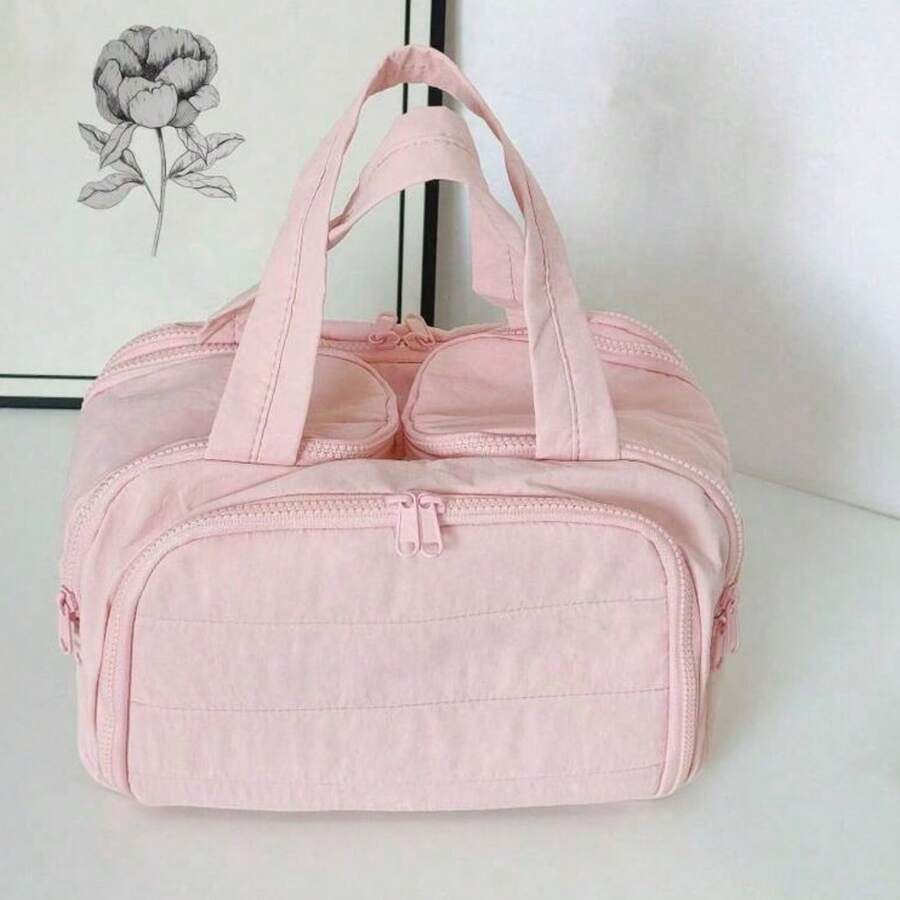 New Fashionable Women's Lightweight Travel Cosmetic Bag 4-Compartment Design Front Pocket With Two Large Mesh Pockets And Clear Bottom Storage Bag Includes Elastic Drawstring Makeup Brush Pouch Available In Four Colors - Pink - View 1