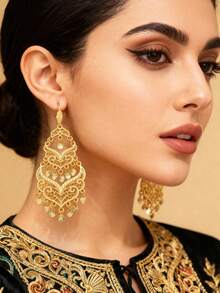 Herseygold 1 Đôi bông tai hình trăng lưỡi liềm rỗng mạ vàng phong cách Trung Đông, bông tai tua rua hình trái tim dành cho cô dâu Algeria, trang sức cưới sang trọng kiểu Ả Rập dành cho phụ nữ - Vàng - Xem 1