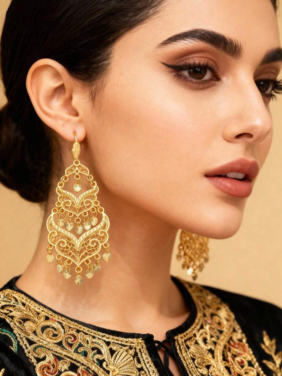 Herseygold 1 Đôi bông tai hình trăng lưỡi liềm rỗng mạ vàng phong cách Trung Đông, bông tai tua rua hình trái tim dành cho cô dâu Algeria, trang sức cưới sang trọng kiểu Ả Rập dành cho phụ nữ - Vàng - Xem 1