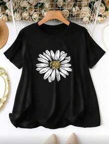 Black Sunflower Plus Size Women's Casual Fashion Short Sleeve Round Neck T-Shirt - Summer - 黑色 - 查看 1