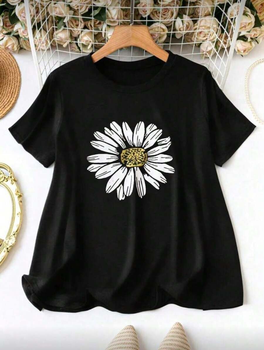 Black Sunflower Plus Size Women's Casual Fashion Short Sleeve Round Neck T-Shirt - Summer - 黑色 - 查看 1