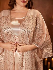 UNITHORSE Plus Size Women's Round Neck Batwing Sleeve Belted Long Luxury Beaded Lace Embroidered Robe Two Pieces Turkish Abaya Dress Spring - Champagne - View 1