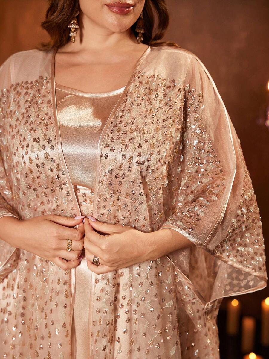 UNITHORSE Plus Size Women's Round Neck Batwing Sleeve Belted Long Luxury Beaded Lace Embroidered Robe Two Pieces Turkish Abaya Dress Spring - Champagne - View 1