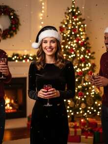 1 peça chapéu de Papai Noel preto de pelúcia grosso para festa de Natal e Halloween - lavar somente à mão, poliéster, sem penas, uso sem eletricidade