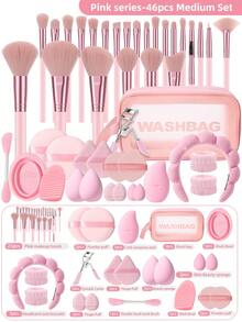 46PCS Makeup Tools Set Including:1pc Multi-Functional Zipper Toiletry And Cosmetic Bag Waterproof+25PCS Makeup Brush Set+2PCS Makeup Sponges+2PCS Mini Makeup Sponges+2PCS Triangle Powder Puffs+2PCS Mini Air Cushion Powder Puffs+1pc Hairband+2PCS Hand Bowl Strap+2PCS Circular Powder Puffs+2PCS Makeup Brush Cleaning Tools+2PCS Air Cushion Powder Puff+1pc Eyelash Curler+1pc Facial Mask Brush+1pc Facial Ice Compress,Brush Set,Makeup Brush Kit,Make Up Brush Set,Make Up Set Complete,Makeup Brush Set,Complete Makeup Kit,Brush Kit,Brushes Makeup Set,Makeup Gift Set,Set