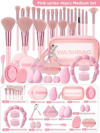 46PCS Makeup Tools Set Including:1pc Multi-Functional Zipper Toiletry And Cosmetic Bag Waterproof+25PCS Makeup Brush Set+2PCS Makeup Sponges+2PCS Mini Makeup Sponges+2PCS Triangle Powder Puffs+2PCS Mini Air Cushion Powder Puffs+1pc Hairband+2PCS Hand Bowl Strap+2PCS Circular Powder Puffs+2PCS Makeup Brush Cleaning Tools+2PCS Air Cushion Powder Puff+1pc Eyelash Curler+1pc Facial Mask Brush+1pc Facial Ice Compress,Brush Set,Makeup Brush Kit,Make Up Brush Set,Make Up Set Complete,Makeup Brush Set,Complete Makeup Kit,Brush Kit,Brushes Makeup Set,Makeup Gift Set,Set