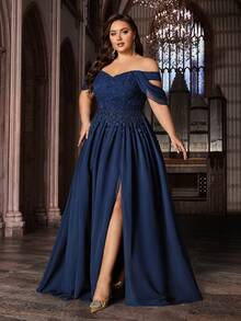 优雅雪纺伴娘礼服，饰有精美贴花，适合生日派对、主题婚礼、宴会、鸡尾酒会等场合，大码纯色曲线女士礼服，露肩开衩长款正式连衣裙，春季款 - 藏蓝色 - 查看 3