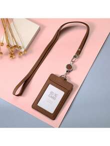 紋理卡片套，可縮收夾和掛繩，適用於學生和專業人士，PU皮革身份證卡卷軸 - 豎 - 查看 17