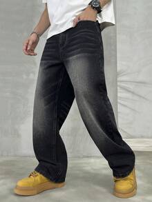 HEHCN 男士口袋水洗黑色阔腿休闲宽松牛仔裤，街头风宽松长裤，适合送给丈夫、男友 - 黑色 - 查看 6