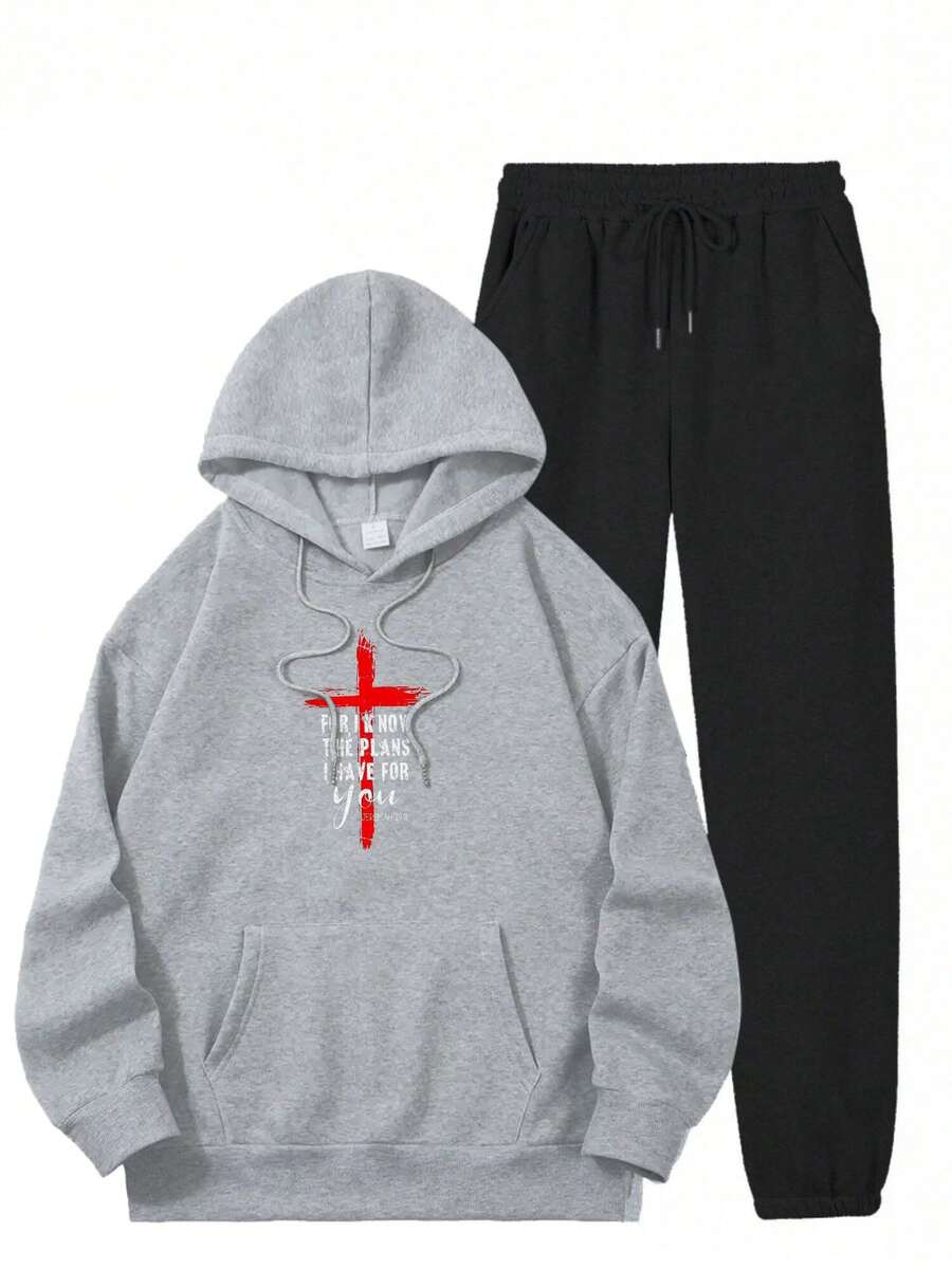 Christian Quote Faith Jeremiah 29 11 Print Two-Piece Set, Long Sleeve Drawstring Hoodies Sweatshirt & Drawstring Jogger Sweatpants Outfits, Women's Clothing Overseas Printing - 灰色 - 查看 1