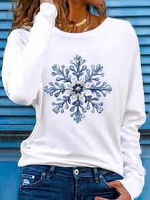 Women's Athletic Casual Long Sleeve Round Neck T-Shirt - Royal Blue Snowflake Pattern Print, Medium Stretch Machine Washable Top, Suitable For Spring And Autumn Seasons, Pullover Shirt, Comfortable Fit Crew Neck Top - 白色 - 查看 7