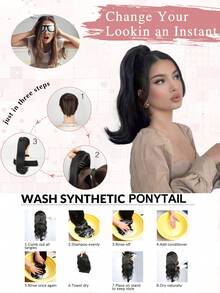18英寸爪夹式马尾辫，合成波浪直发马尾辫接发，夹式马尾辫假发，蓬松日常马尾辫，女士适用 - 彩色 - 查看 7