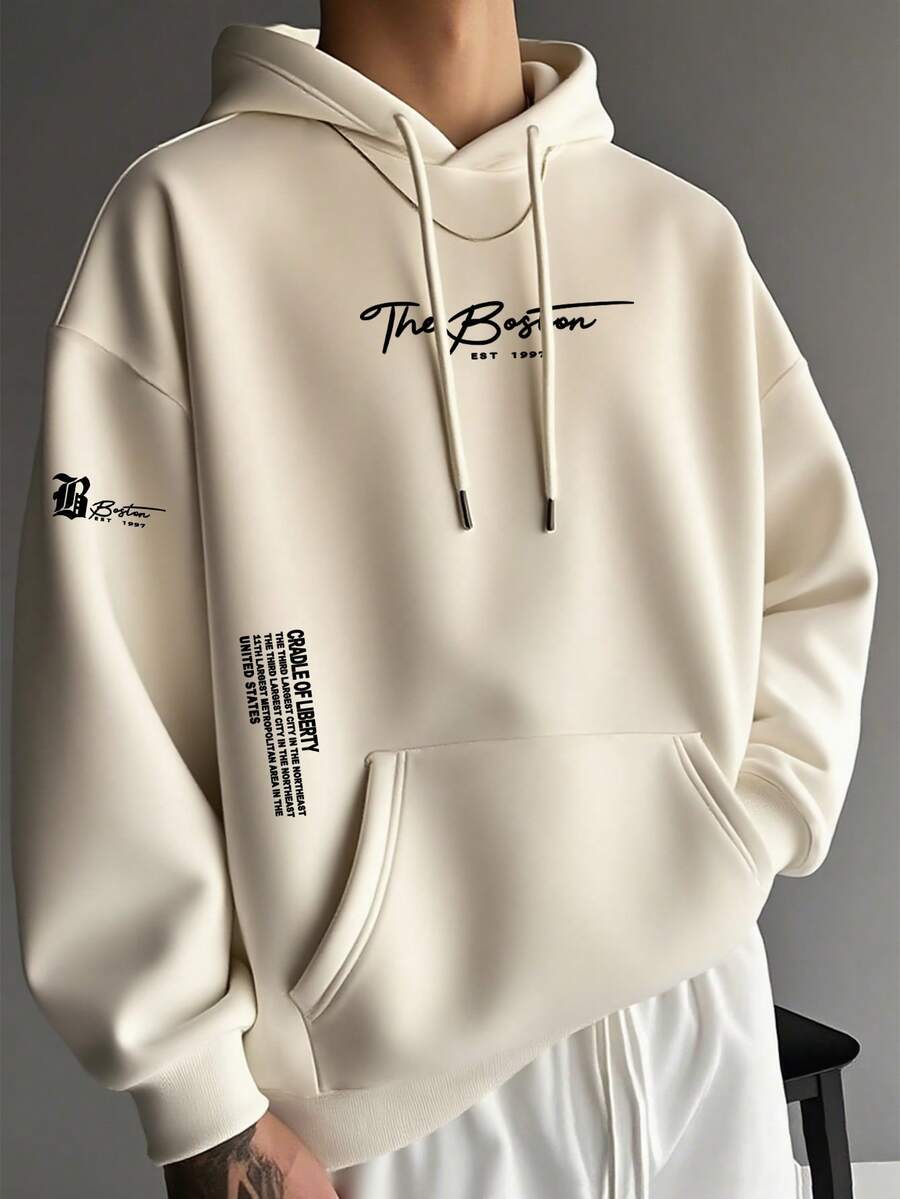 男士休闲时尚百搭日常通勤简约标语印花袋鼠口袋抽绳连帽衫，秋冬款 - 杏色 - 查看 1