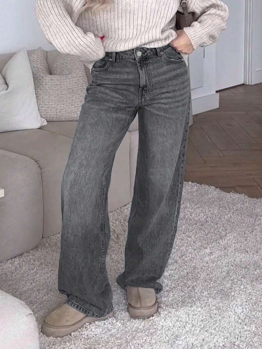 MYOURSA Women's Distressed Washed Straight Leg Jeans, Loose & Comfortable, Suitable For Casual Daily Wear, Dark Grey Spring - Dark Grey - View 1