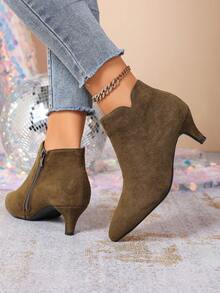 女士优雅简约侧拉链踝靴，细跟，军绿色，秋冬季，猫跟 - 軍綠色 - 查看 5