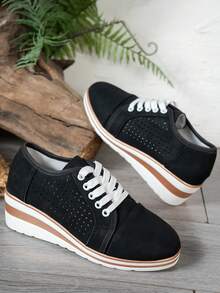 Women's Platform Lace-Up Casual Wedge Shoes, Fashion Thick Sole Sneakers, Spring/Autumn - Black - View 6