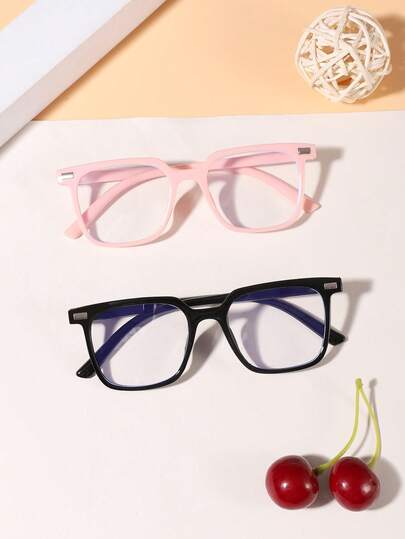 2副男女童4-8岁休闲基础款长方形时尚纯色防蓝光眼镜，适合日常阅读和搭配校园服装