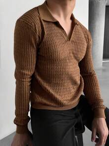 WAIT HIM Suéter de cuello polo de manga larga de unicolor y textura casual para hombre