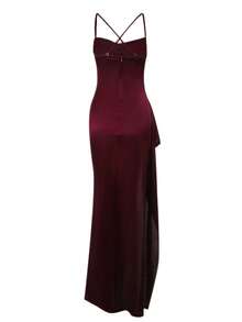 Onicee 夏季连衣裙，酒红色，时尚褶皱吊带开衩缎面派对礼服，优雅连衣裙，适合情人节、约会、聚会、派对、旅行、度假、海滩和其他场合。 - 酒紅色 - 查看 4