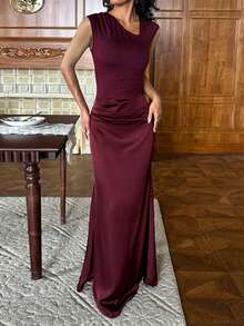 WOWDARK Summer Dress, Red Valentines Outfit, Fashionable Sleeveless V-Neck Satin Patchwork Elegant Party Dress For Women, Suitable For Valentine's Day, Dates, Parties, Gatherings - Burgundy - View 7