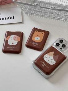 1个可爱猫、狗、熊造型磁性卡包，兼容苹果Magsafe，皮革材质，个性化卡通设计，男女皆宜 - 棕色 - 查看 2