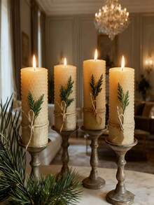 2 件套圣诞限量版蜂蜡蜡烛 - 含蜂蜜和蜂胶香味 - 手工制作 - 白色蜡烛配绿色装饰，适合圣诞礼物、平安夜、冬季节日派对、新年、卧室、餐桌装饰，适合感恩节、圣诞节、生日和婚礼、降临节等特殊场合