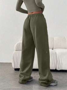 Plus Women's Solid Color Casual Loose With Pocket Solid Color Sports Pants - Army Green - View 2