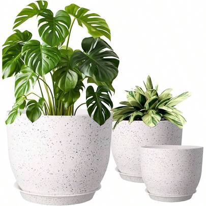 10/9/8 Inch Plant Pots, 3 Pack Plastic Flower Pots Modern Flower Pots With Drainage Holes And Trays Are Indoor And Outdoor Plants, Herbs And Flowers, White Speckles White