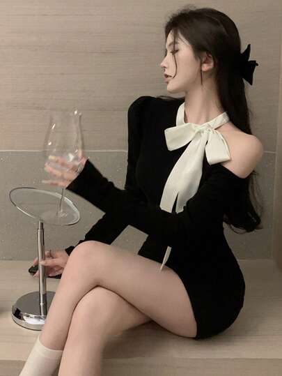 优雅性感修身长袖连衣裙，简约蝴蝶结半身裙