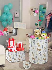 1 pieza Cesta de almacenamiento plegable con patrón de animales de dibujos animados y asa, solución de organización del hogar que ahorra espacio para aperitivos, juguetes y ropa, decoración portátil para dormitorio y sala de estar, contenedor multiusos con diseño plegable - Multicolor - Ver 2