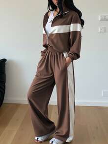 Plus Size Women 2 Piece Set Color Block Patchwork Casual Elegant Zip Up Hoodie Sweatshirt Set, Suitable For Sportswear, Loungewear, Office, Street, Spring Autumn Winter, Graduation, Back To School, Female Teacher Outfit, Plus Size Loose Long Sleeve Top For Women In Autumn/Winter - Brown - View 3