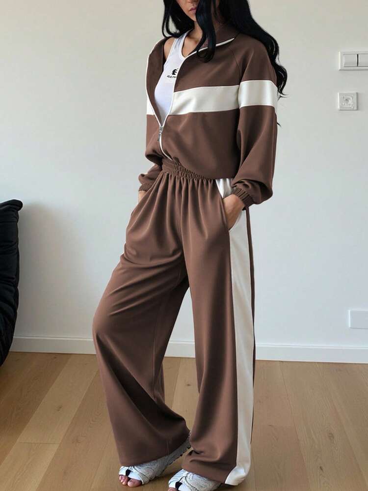Bộ đồ 2 mảnh cỡ lớn dành cho nữ, thiết kế phối màu, áo hoodie và quần dài có khóa kéo, kiểu dáng thanh lịch, phù hợp cho thể thao, mặc nhà, công sở, dạo phố, mùa xuân, mùa thu, mùa đông, lễ tốt nghiệp, tựu trường, đồng phục giáo viên, áo nỉ dài tay dáng rộng. - màu nâu - Xem 3