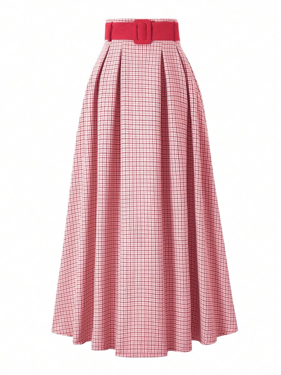 Falda evasé a cuadros de moda para mujer, versátil y elegante, suelta y estilizadora - Rosa melocotón - Ver 1