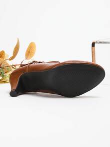 圣诞礼物派对女鞋优雅高跟鞋锥形鞋跟纯色高跟鞋女士玛丽珍鞋低鞋面时尚浅口鞋，圣诞派对女鞋圆头舒适粗跟复古棕色高跟鞋棕色鞋春秋季女鞋，小猫跟鞋 - 棕色 - 查看 5