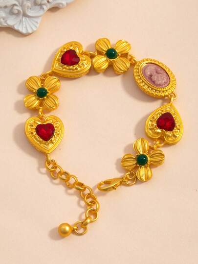 1pc Vintage Rhinestone Flower & Heart Pendant Necklace, Retro Elegant Clavicle Chain, Luxurious Aesthetic