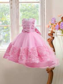 女童花朵3D蝴蝶结薄纱优雅花童礼服，带拖尾，不含头饰 - 粉色 - 查看 4