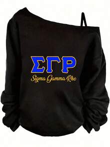 Sigma Gamma Rho Off - The - Shoulder Long - Sleeve Top With Ruched Cuffs And Back Greek Letters - Single Strap For Shoulder Support, Black, Perfect For Sorority Events And Casual Wear- Plus Size Asymmetric Neck Long Sleeve Sweatshirt - Women's Fall Top - Women's Winter Outfits: Elegant Conjunto De Mujeres + Flowy Top, Blusas & Top - 黑色 - 查看 6