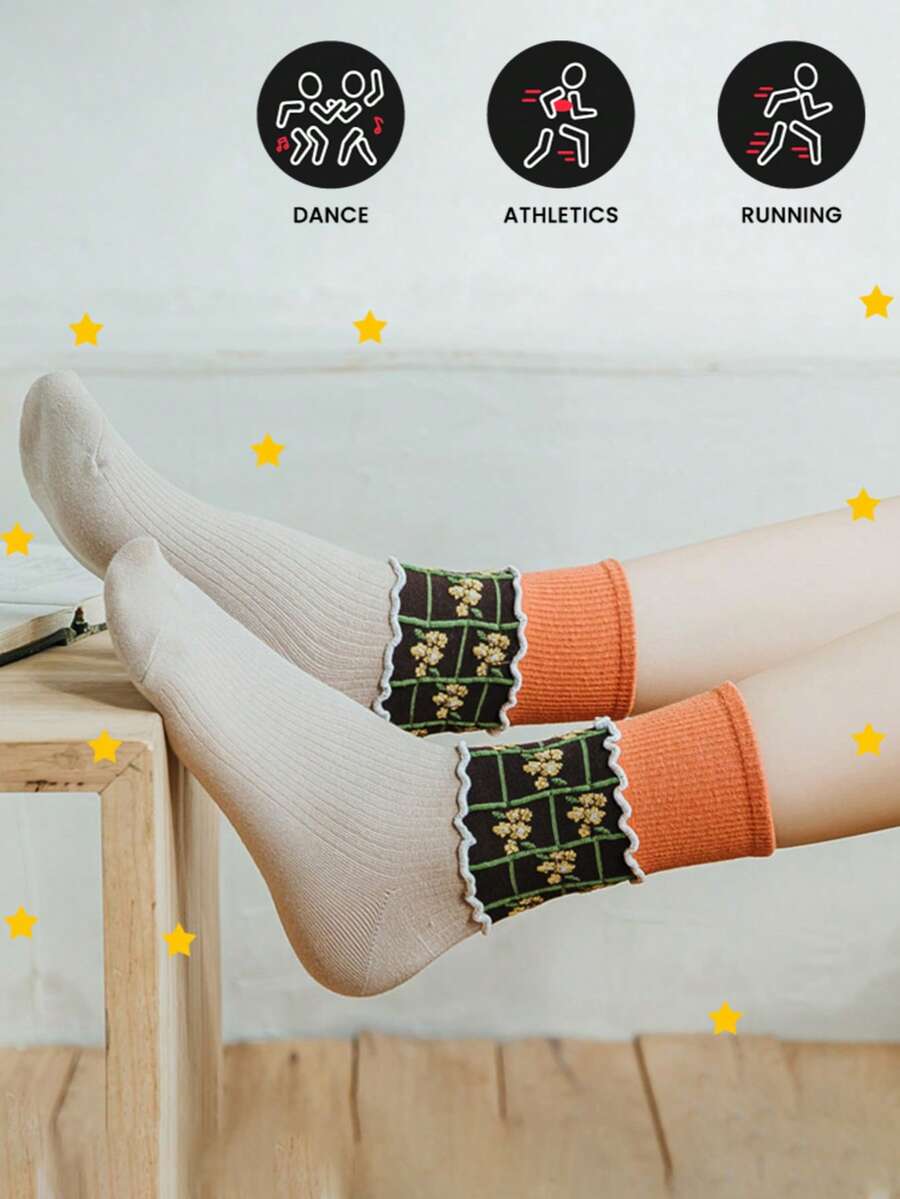 1/5 pares de meias curtas femininas bordadas com flores, meias quentinhas com estampa fofa - Multicolorido - Ver 1