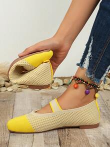 1 Pair Women's Knitted Square Toe Mary Jane Shoes, Beige & Contrasting Color Breathable Flat Shoes, Comfortable One-Piece Belt Casual Everyday Wear - Yellow - View 2