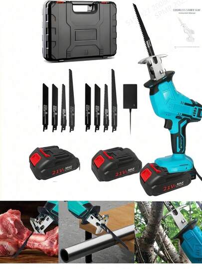 Kit de sierra recíproca inalámbrica de 21V, incluye 2 baterías y cargador, múltiples hojas de sierra para cortar madera/metal/tuberías de PVC, herramienta esencial para acampar, adecuada para proyectos de carpintería en jardinería, construcción y decoración del hogar para cortar ramas/metal, sierra recíproca y ingletadora recargable de ión de litio