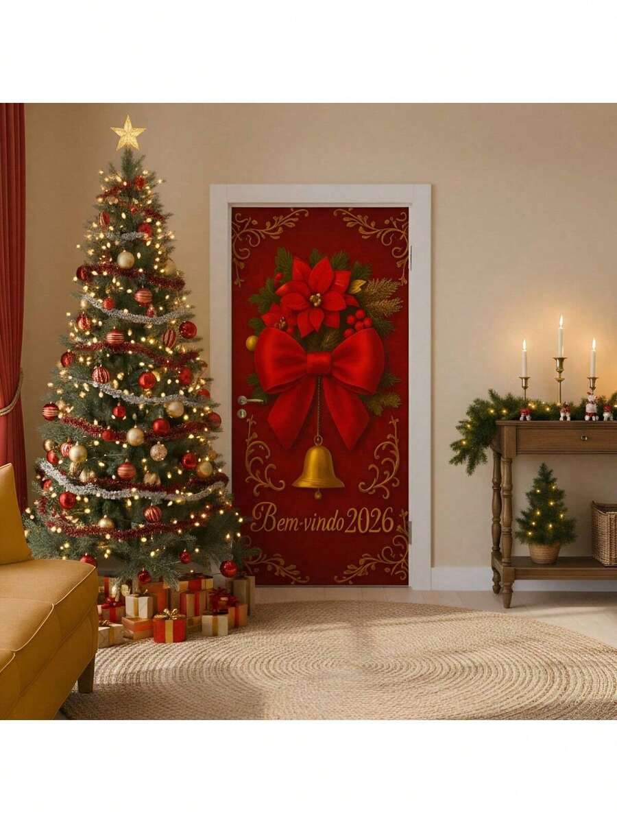 Door Cover Decoration For Christmas And New Year's With Beautiful Prints - Welcome 2026 - Red - View 1