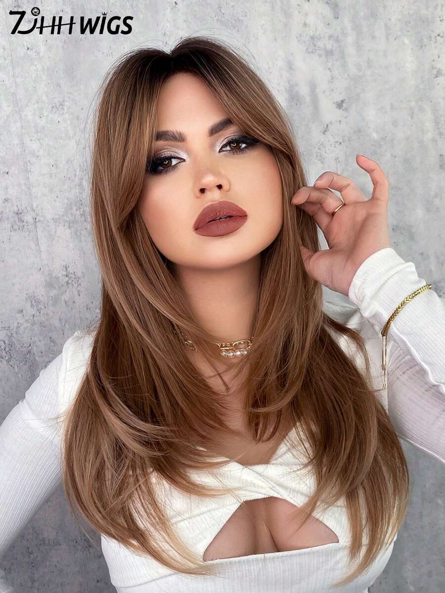 7JHH WIGS 优雅的24英寸暖棕色渐变假发，女士款 - 时尚简约长款层次假发，带刘海，深色发根，耐热全机织合成纤维假发，适合日常佩戴、派对、情人节礼物，假发配件