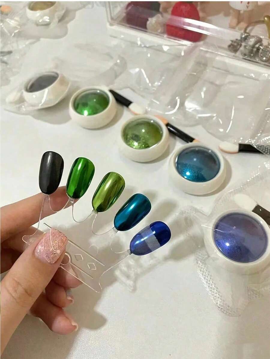 5粒绿色全息粉色闪粉,闪亮美甲粉,配1支双头眼影刷,适用于美甲、婚礼季、情人节、美甲用品 - 綠色 - 查看 1
