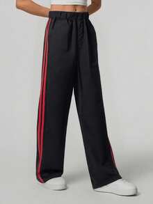 1 Peça Calça Casual de Perna Reta para Meninas e Adolescentes, Estilo de Rua Esportivo Casual, Primavera e Outono - Preto - Visão 4