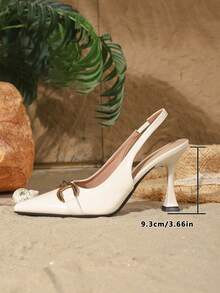 9cm Pointed Toe Elegant Stiletto High Heels, Slingback Leather-Look PU Pumps With Metal Decor, Suitable For Daily, Party, Wedding, Christmas, Prom, Office Formal Occasions,Mothers Day Gift - White - View 6