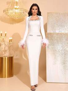 Modphy New Heavily Embellished Rhinestone & Feather Accent Long Sleeve Bodycon Maxi Bandage Dress, Women's Formal Wedding, Evening Gown, Party Dress White Spring - White - View 6