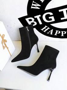 欧式宴会优雅麂皮尖头细高跟侧拉链修身踝靴（女款）